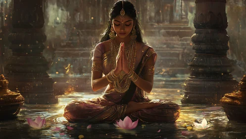 Meditative woman in temple pool under volumetric golden light