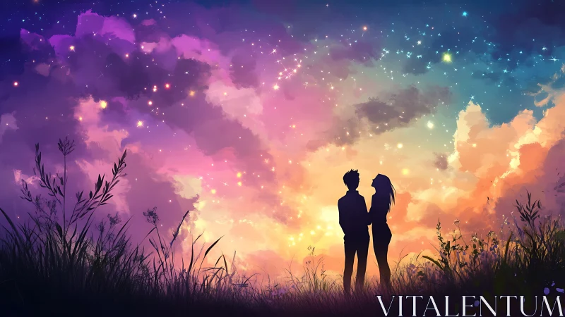 Silhouettes Beneath Prismatic Skies: Love's Celestial Moment.