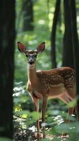 Young white-tailed fawn in dappled forest backlighting.