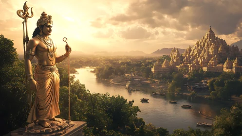 Golden riverside deity watches over a sunlit temple city