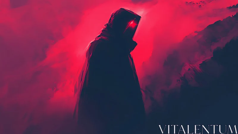 Hooded cybernetic figure silhouettes against neon vapor field