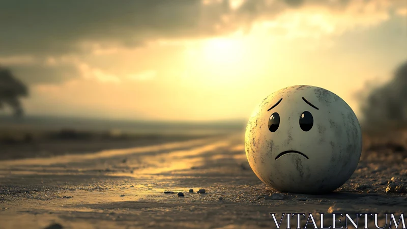 Spherical emoticon on empty road at sunset in rural area.