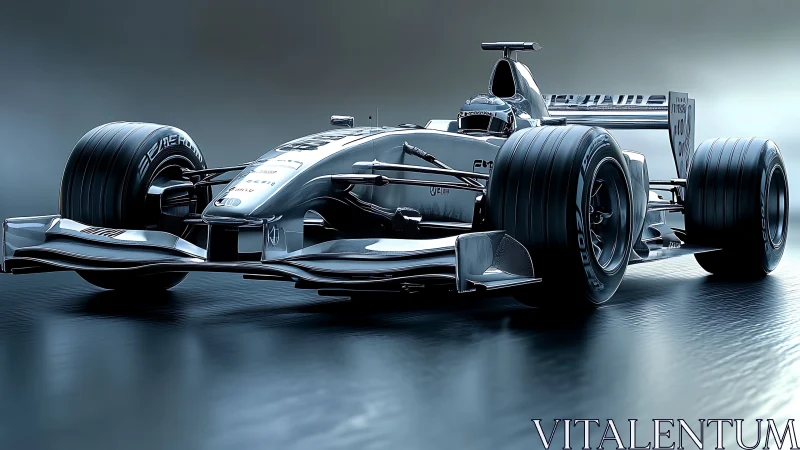 Single-seater formula race car on reflective track surface.