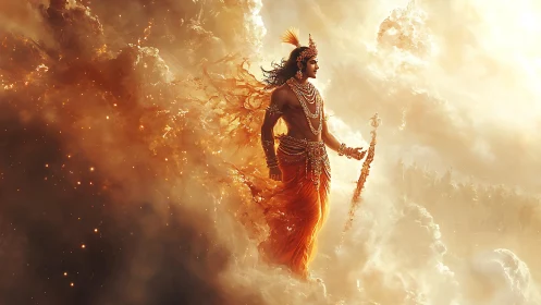 Mythic warrior ascends through radiant celestial clouds.