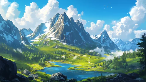 Sunlit alpine peaks rise above a tranquil emerald valley lake