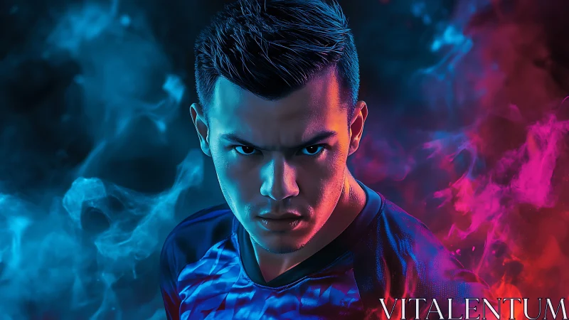 Bicolor neon athlete portrait with cinematic volumetric smoke.