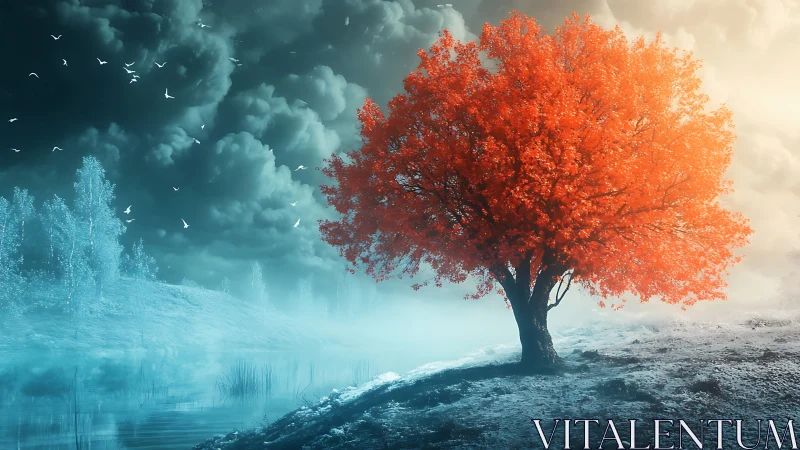 Ember-crowned tree blazing over a frost-kissed dream river.