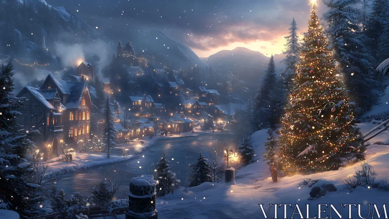 Snow-laden alpine village with illuminated festive conifer tree.