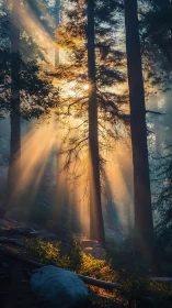 Sunlight filters through tall forest trees in dense mist