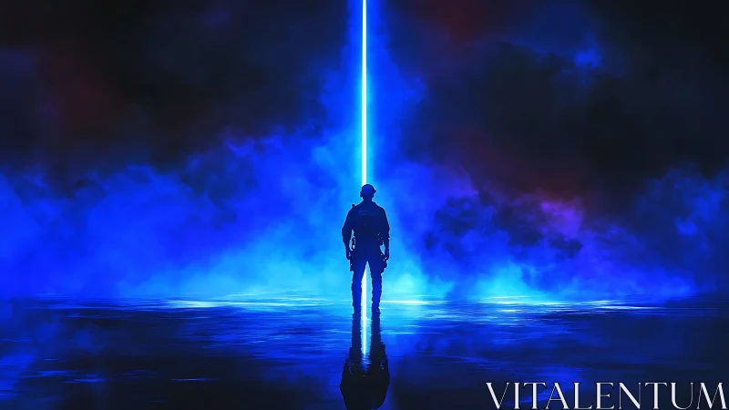 Solitary figure stands before vertical blue light beam
