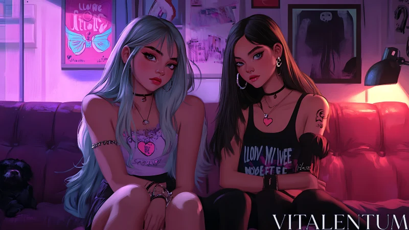 Neon-lit goth girls lounge on moody purple sofa. Period.