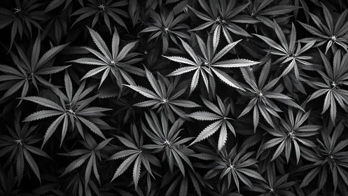 Monochrome cannabis leaves form a calm, patterned canopy