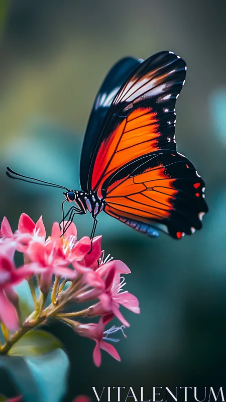 Monarch butterfly grips pink blossoms in soft teal bokeh.
