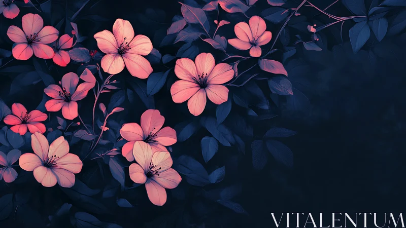 Pink Blooms Against Deep Navy Darkness.