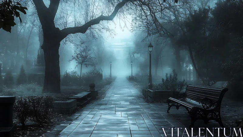 Misty evening stroll through a quiet, dreamlike city park.