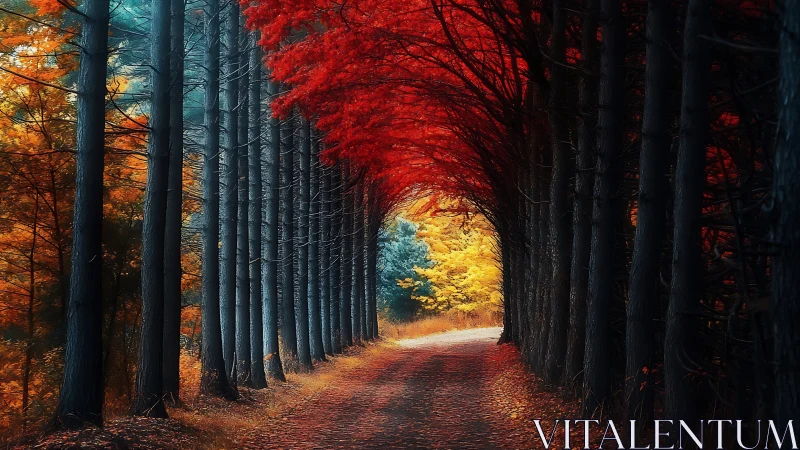 Canopy Tunnel with Saturated Autumn Foliage and Linear Perspective Convergence