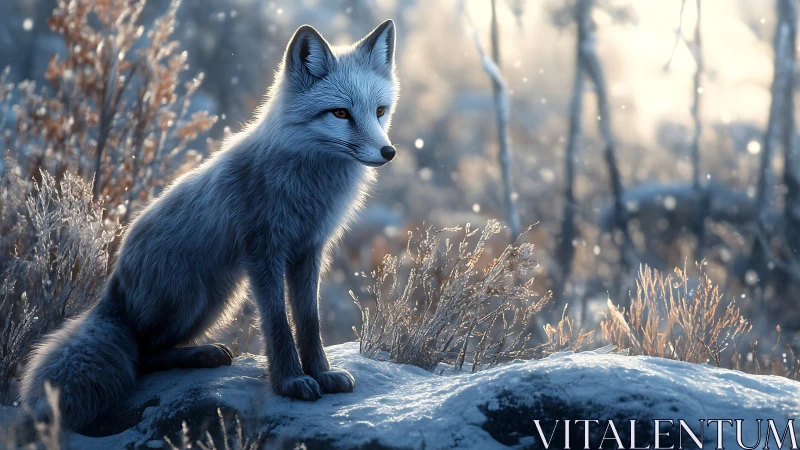 Silver fox watches softly falling snow in winter dawn light