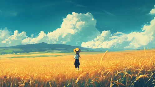 Solitary figure surveys wheat field under expansive cumulus sky