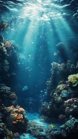 Sunlit coral canyon with gently drifting tropical fish.