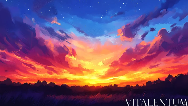 Vibrant spectral sunset sky rendered with dynamic brushwork and contrast