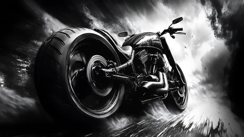 Custom motorcycle accelerates through monochrome storm scene