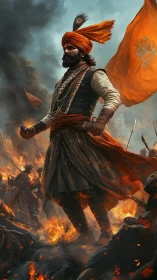 Regal warrior strides through fire with unshaken resolve.