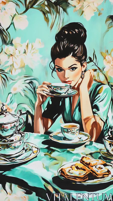 Elegant woman savors quiet tea time in a mint-green glow
