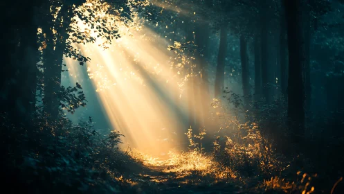 Ethereal sunlight pierces misty forest canopy with divine rays.
