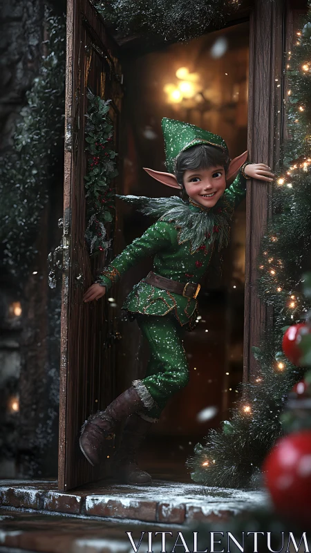 Joyful Christmas elf opens a cozy winter doorway welcome