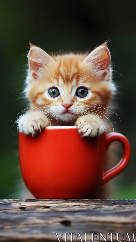 Ginger Kitten Nestled in Crimson Mug: Pure Cuteness Personified
