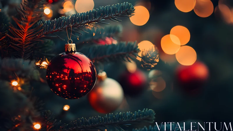 Red bauble on evergreen branch with blurred festive lights.