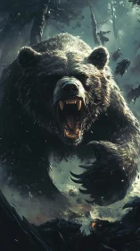 Roaring grizzly charges forward through fractured forest light