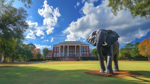 Large elephant statue before red brick neoclassical hall.