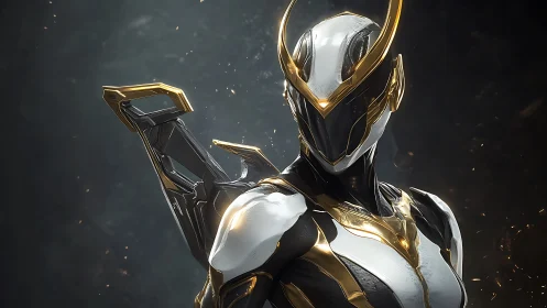 Radiant gold-trimmed sci fi guardian poised in quiet power.