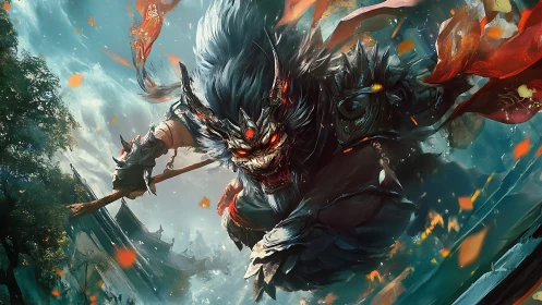 Demonic simian warrior lunging amid blazing temple sky.