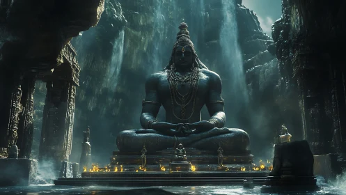 Cavern temple colossus in meditative, waterfall-lit hush.