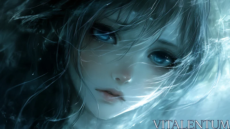 Melancholic blue-eyed girl emerges through swirling light.