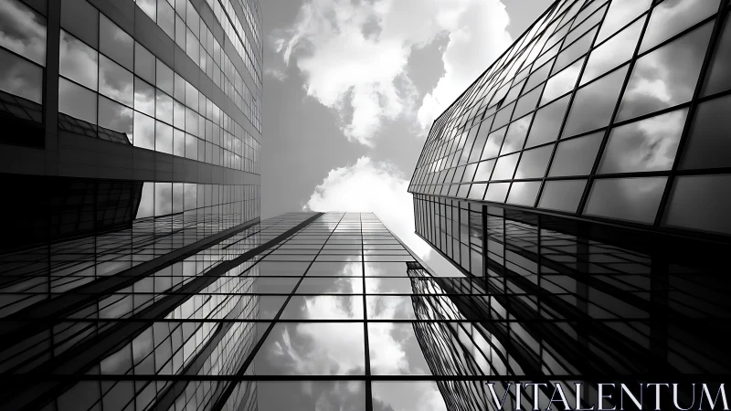 Skyward reflections between quiet glass city towers.
