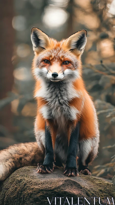 Curious forest fox resting on a mossy stone, quietly watching.