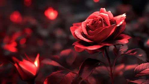 Crimson bloom commands center stage, drowning in romantic light.