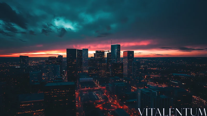 Neon-lit city skyline under teal storm clouds at dusk.