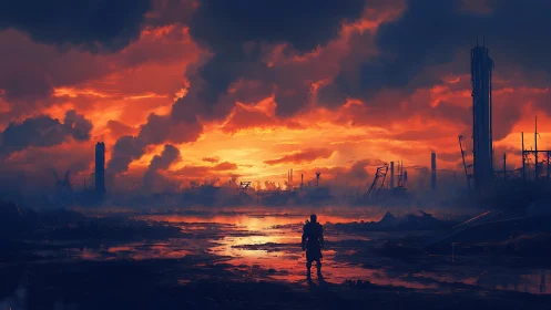 Lone armored figure in fiery post apocalyptic industrial ruin