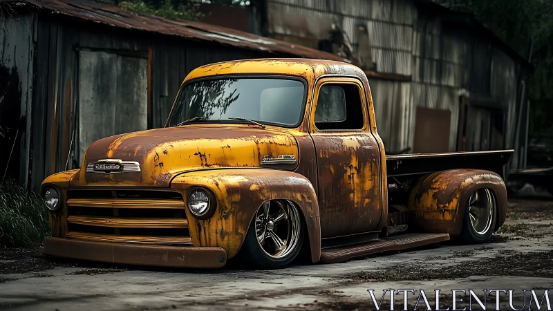 Rusty lowered vintage pickup truck sits beside old sheds