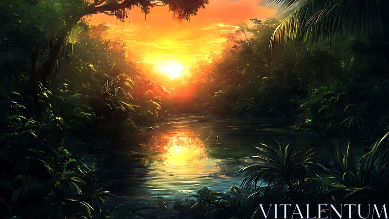 Sunset illuminates dense tropical river corridor with foliage