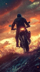 Motorcyclist rides through fiery sunset storm on wet road