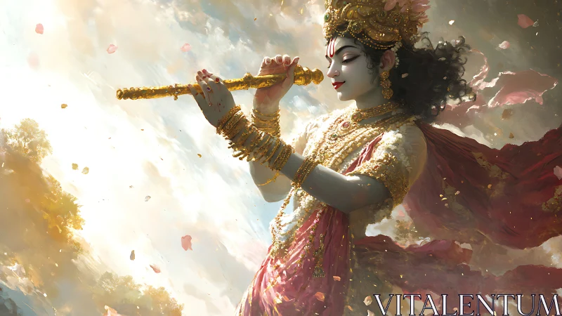 Mythic flautist in gold regalia amid luminous sky currents.