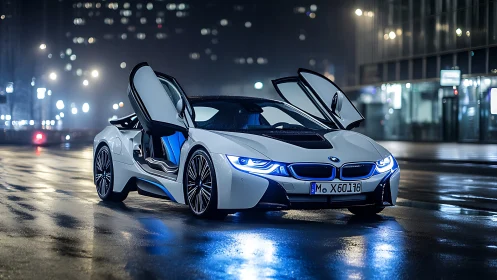 Sleek white sports car glowing on a rainy city night street.