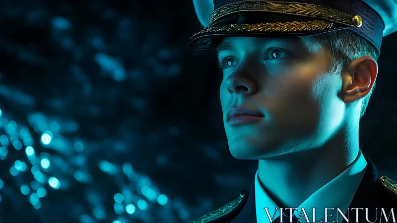 Photorealistic naval officer portrait in teal cinematic light.