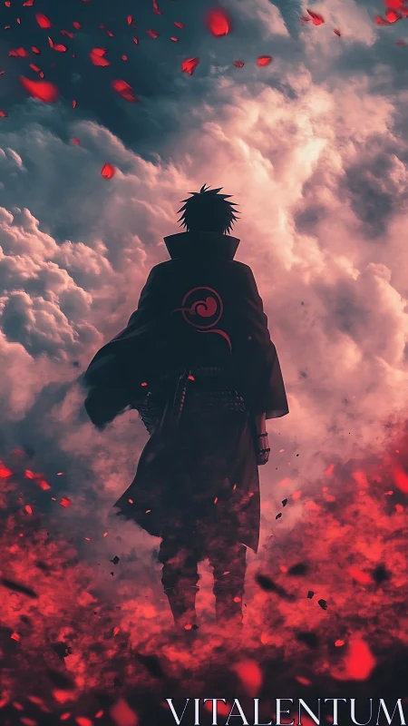 Lone anime wanderer walking through swirling crimson clouds.