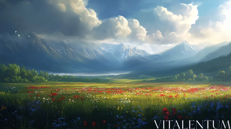 Sunlit wildflower valley beneath dramatic mountain clouds.